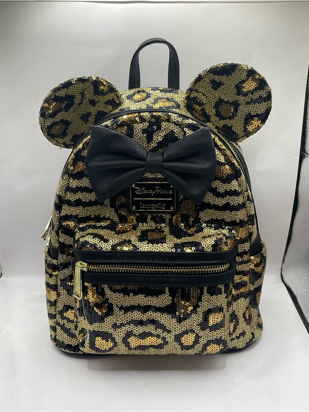 Loungefly Gold and Black Sequin Leopard Mini Backpack with Bow Ears